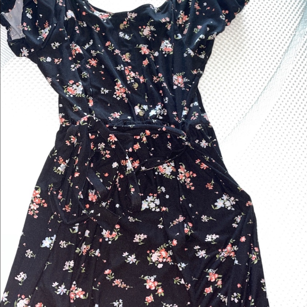 Black tshirt dress with flowers and decorative buttons